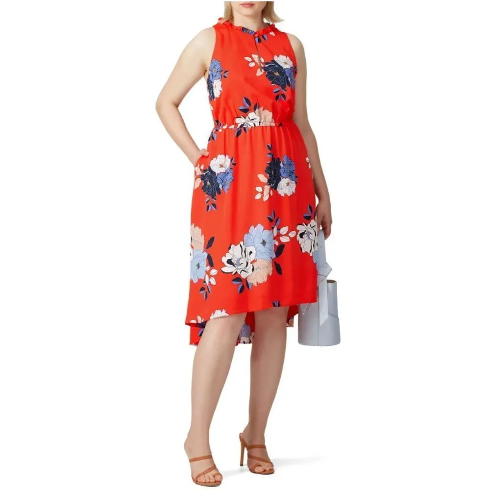 Rachel Roy CONCHETTA Red Floral Crepe High Low Ruffled Dress Size 1X - Picture 1 of 7